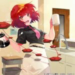  1girl album_cover belt black_shirt bow bowtie check_commentary coffee_pot collared_shirt commentary commentary_request cover cup drum futoumeido holding holding_cup horikawa_raiko indoors instrument kitchen looking_at_viewer mug office official_art open_mouth orange_eyes pink_bow pink_bowtie redhead shirt short_hair skirt touhou touhou_cannonball water_drop white_skirt 