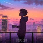  1boy absurdres black_pants brown_hair building city city_lights cityscape clouds commentary_request cup evening grey_hoodie hand_in_pocket highres holding holding_cup hood hoodie male_focus meteor meteor_shower original pants pasoputi railing sky skyline standing star_(sky) sunset 