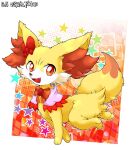  :3 animal_ear_fluff animal_focus artist_name border bow bowtie brooch capelet clothed_pokemon commentary_request dated fang fennekin fox full_body gem gradient_background hair_bow happy highres jewelry looking_at_viewer lying no_humans on_side open_mouth orange_background orange_bow orange_bowtie outline outside_border pink_capelet pokemon pokemon_(creature) red_eyes red_gemstone red_trim signature smile solo star_(symbol) twitter_username white_border white_outline yukkuringo 