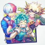  3boys ^_^ anger_vein angry bakugou_katsuki belt belt_pouch black_mask black_shirt blank_eyes blonde_hair blue_eyes blue_jacket boku_no_hero_academia bracer burn_scar closed_eyes closed_mouth collarbone collared_jacket commentary detached_sleeves elbow_gloves eye_mask flying_sweatdrops freckles gauntlets gloves green_belt green_gloves green_hair green_jumpsuit grey_eyes grin hair_between_eyes hand_on_own_face hand_up hands_up heterochromia highres jacket jumpsuit looking_at_another male_focus mask mecyo_(mamezurushiki) midoriya_izuku mouth_pull multicolored_hair multiple_boys pectorals pouch raised_eyebrows red_belt redhead scar scar_on_face shirt short_hair simple_background sleeveless sleeveless_shirt sleeves_past_elbows smile spiky_hair split-color_hair symbol-only_commentary teeth todoroki_shouto trembling two-tone_hair v-shaped_eyebrows white_background white_gloves white_hair 