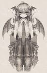  1girl absurdres ahoge bat_wings blunt_bangs closed_mouth commentary_request cowboy_shot cropped_legs expressionless greyscale hair_between_eyes head_wings highres koakuma long_hair looking_at_viewer monochrome necktie off_shoulder reverinth sketch sleep_bubble solo touhou traditional_media very_long_hair wing_collar wings 