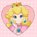  1girl artist_name blonde_hair border brooch chocomiru crown dress earrings gloves heart heart_background jewelry long_hair non-web_source pink_dress polka_dot polka_dot_background princess_peach source_request super_mario_bros. upper_body white_border white_gloves 