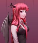  1girl bat_wings blunt_bangs breasts eyelashes head_wings highres klabisot koakuma lips long_sleeves looking_at_viewer medium_breasts necktie nose pink_eyes purple_background red_necktie redhead simple_background smile solo touhou unfinished upper_body wing_collar wings 