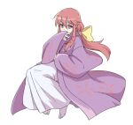  1girl commentary_request itani_illust japanese_clothes kimono kotohime_(touhou) long_hair long_sleeves looking_at_viewer purple_kimono red_eyes redhead sidelocks simple_background solo touhou touhou_(pc-98) white_background wide_sleeves 