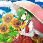 album_cover blue_sky check_commentary clouds commentary commentary_request cover floral_background flower garden_of_the_sun green_hair hachipuyo holding holding_umbrella kazami_yuuka long_skirt looking_at_viewer official_art parasol plaid plaid_skirt plaid_vest red_eyes red_skirt red_vest short_hair skirt skirt_set sky smile sunflower touhou touhou_cannonball umbrella vest wavy_hair 