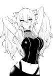  1girl ahoge animal_ears armpits arms_up ear_piercing greyscale highres hololive lion_ears lion_girl long_hair looking_at_viewer messy_hair midriff monochrome not_nodu piercing shishiro_botan simple_background solo virtual_youtuber white_background 