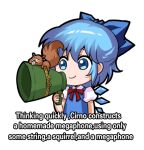  1girl blue_bow blue_dress blue_eyes blue_hair bow chibi cirno commentary_request dave_the_barbarian dress hair_bow holding holding_megaphone jokanhiyou megaphone puffy_short_sleeves puffy_sleeves shirt short_hair short_sleeves solo squirrel string touhou upper_body white_shirt 