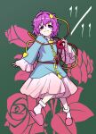  1girl blue_shirt closed_mouth commentary_request dated full_body green_background heart itani_illust komeiji_satori long_sleeves looking_at_viewer messy_hair pink_footwear pink_skirt purple_hair shirt short_hair simple_background skirt slippers socks solo third_eye touhou violet_eyes white_socks 