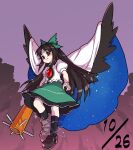  1girl arm_cannon asymmetrical_footwear black_hair bow cape closed_mouth commentary_request dated full_body green_bow green_skirt hair_bow itani_illust long_hair looking_at_viewer mismatched_footwear red_eyes reiuji_utsuho shirt skirt solo starry_sky_print third_eye touhou weapon white_cape white_shirt 