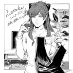  1girl 2023 akuyaku_reijou_ni_tensei_shitara_heroine_ga_motokare_datta bow breasts clothes_hanger commentary_request dated greyscale hair_bow highres jewelry monochrome necklace plant signature small_breasts solo table turtleneck uedain upper_body 