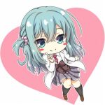  1girl aqua_eyes aqua_hair beads between_breasts blush_stickers breasts brown_footwear chibi closed_mouth commentary_request crossed_bangs double-parted_bangs eyelashes grey_skirt hair_beads hair_between_eyes hair_ornament hand_up heart hirocchi index_finger_raised lab_coat large_breasts loafers long_hair lowres miniskirt necktie necktie_between_breasts one_side_up pink_background pleated_skirt red_necktie riddle_joker school_uniform shikibe_mayu shoes simple_background skirt smile solo wavy_hair white_background 