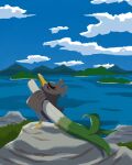  closed_eyes closed_mouth clouds commentary_request day from_behind galarian_farfetch&#039;d highres holding no_humans outdoors pokemon pokemon_(creature) rock sky solo standing tomozo_(muginosukejr) water 