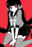  1girl bow bowtie danganronpa_(series) danganronpa_v3:_killing_harmony earrings hair_ornament hair_scrunchie hairclip harukawa_maki highres jewelry long_hair looking_at_viewer low_twintails miniskirt mole mole_under_eye own_hands_together red_background red_eyes sailor_collar satori_(aosky9077) scrunchie shirt simple_background skirt solo thigh-highs twintails very_long_hair 