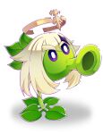 blonde_hair chinese_commentary commentary_request cosplay genshin_impact halo highres no_humans paimon_(genshin_impact) paimon_(genshin_impact)_(cosplay) panshushuzaihuahua peashooter_(plants_vs_zombies) plants_vs_zombies shadow simple_background solo violet_eyes white_background 