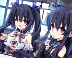  2girls bare_shoulders black_dress black_footwear black_hair blush breasts coffee detached_collar detached_sleeves dress drinking elbow_gloves fingerless_gloves gloves hair_ribbon hand_up himajin_(starmine) long_hair looking_at_viewer medium_breasts multiple_girls neptune_(series) noire_(neptune_series) open_mouth red_eyes ribbon siblings sisters small_breasts smile twintails two_side_up uni_(neptune_series) very_long_hair 