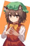  1girl animal_ears bow bowtie bright_pupils brown_eyes brown_hair cat_ears chen earrings eyes_visible_through_hair gold_trim hair_between_eyes hat jewelry looking_at_viewer mob_cap o3o red_vest short_hair single_earring solo steepled_fingers strangenovel touhou upper_body vest yellow_bow yellow_bowtie 