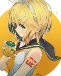  1girl absurdres aqua_eyes bare_arms bare_shoulders black_sailor_collar blonde_hair bow drink drinking drinking_straw flat_chest hair_bow hair_ornament hairband hairclip highres holding holding_drink kagamine_rin light_blush looking_at_viewer mihoranran neckerchief number_tattoo orange_background sailor_collar sailor_shirt shirt shoulder_tattoo sideways_glance sleeveless sleeveless_shirt solo tattoo treble_clef vocaloid white_bow yellow_nails yellow_neckerchief 