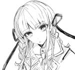  1girl :o braid collared_shirt danganronpa_(series) danganronpa_kirigiri greyscale hair_ribbon highres jacket kirigiri_kyoko long_hair monochrome necktie portrait ribbon shirt solo twin_braids zui_nianshao 