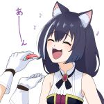  1girl :3 :d animal_ear_fluff animal_ears black_hair bug byackopath_(artist) cat_ears closed_eyes feeding gloves highres karyl_(princess_connect!) long_hair multicolored_hair princess_connect! sleeveless smile streaked_hair when_you_see_it white_background white_hair 