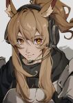  1girl animal_ear_fluff animal_ears arknights armor black_scarf blackhiro6 blonde_hair closed_mouth grey_background hair_between_eyes headset high_ponytail highres horse_ears horse_girl implied_extra_ears long_hair looking_at_viewer nearl_(arknights) orange_eyes pauldrons plate_armor ponytail portrait scarf shoulder_armor sidelocks simple_background smile solo white_armor 