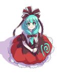  1girl arm_ribbon bow closed_mouth commentary dress frilled_dress frills front_ponytail full_body green_eyes green_hair hair_bow hair_ribbon itani_illust kagiyama_hina long_hair looking_at_viewer red_bow red_dress red_ribbon ribbon short_sleeves sile simple_background solo touhou white_background 
