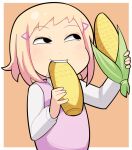  +tic_nee-san 1girl black_eyes black_hair blonde_hair blush corn corn_cob eating hospital_king long_sleeves minami_koharu open_mouth orange_background parody pink_vest saliva shirt short_bangs short_hair smile solo teeth triangle_hair_ornament two-tone_background upper_body vest watashi_ga_motenai_no_wa_dou_kangaetemo_omaera_ga_warui! white_background white_shirt 