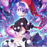  1girl album_cover angry attack black_capelet blob capelet collar commentary cover dark_background doremy_sweet dress electricity glowing hat nightcap official_art open_mouth pom_pom_(clothes) purple_hair reaching red_headwear sakura_tsubame short_hair sparkle_background touhou touhou_cannonball very_short_hair violet_eyes white_collar white_dress 
