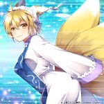  album_cover animal_ears animal_hat blonde_hair blue_background breasts check_commentary commentary commentary_request cover determined dress fox_ears fox_tail frilled_dress frills hat long_sleeves looking_at_viewer medium_breasts mob_cap motion_lines multiple_tails official_art running sakura_tsubame short_hair smile sparkle_background tabard tail tassel touhou touhou_cannonball white_dress white_headwear wide_sleeves yakumo_ran yellow_eyes 