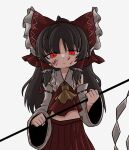  1girl blood blood_on_face bow brown_hair closed_mouth hair_bow hakurei_reimu highres looking_at_viewer nontraditional_miko red_eyes simple_background solo touhou upper_body white_background zunusama 