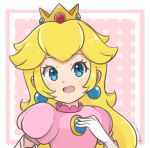  1girl artist_name blonde_hair border brooch chocomiru crown dress earrings gloves jewelry long_hair non-web_source pink_dress princess_peach simple_background source_request super_mario_bros. upper_body white_border white_gloves 