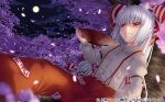  against_tree baggy_pants blunt_bangs bow buttons cherry_blossoms collared_shirt cup falling_petals fujiwara_no_mokou full_moon hair_bow hand_in_pocket hime_cut long_hair long_sleeves moon night night_sky official_art ofuda ofuda_on_clothes pants petals red_eyes red_pants relaxing sakazuki shirt sidelocks sky sleeve_garter smile suspenders touhou touhou_cannonball tree umarutsufuri very_long_hair white_bow white_hair white_shirt 