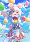  1girl :d absurdres animal_ears arm_up balloon blue_sky blush bow brooch clouds collared_shirt fake_animal_ears frilled_skirt frills granblue_fantasy heart heart_brooch highres jacket jewelry looking_at_viewer mouse_ears niccoriii open_mouth outdoors pink_skirt red_bow red_eyes shading_eyes shirt short_hair short_sleeves skirt sky smile solo vikala_(granblue_fantasy) white_hair white_jacket 