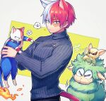  1boy animal animal_ear_fluff animal_ears animalization bakugou_katsuki black_sweater blue_eyes boku_no_hero_academia burn_scar cat cat_boy cat_ears cat_tail chihuahua clenched_teeth closed_eyes commentary dog fire flame flame-tipped_tail green_background grey_eyes hair_between_eyes hands_up heterochromia highres holding holding_animal holding_cat long_sleeves looking_at_viewer male_focus mecyo_(mamezurushiki) midoriya_izuku motion_lines multicolored_hair notice_lines on_head parted_lips redhead ribbed_sweater scar scar_on_face sheep short_hair simple_background speech_bubble split-color_hair string sweater symbol-only_commentary tail teeth todoroki_shouto torn_clothes torn_sweater translation_request turtleneck turtleneck_sweater two-tone_hair v-shaped_eyebrows white_background white_hair 
