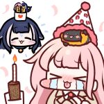  &gt;_&lt; 2girls bee birthday birthday_cake black_hair blush bug cake candle churro confetti corn corn_cob cup facial_tattoo food hat honey_churros indie_virtual_youtuber jazz_jack long_hair long_sleeves looking_at_viewer lowres mug multicolored_hair multiple_girls orca_girl party_hat pink_hair shylily smile streaked_hair tattoo tongue tongue_out virtual_youtuber whale_girl white_hair 