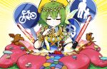  bicycles_only_sign black_eyes black_footwear blue_vest bow bracer brown_hair closed_eyes closed_mouth collared_shirt commentary cookie_(touhou) crown daiyousei detached_sleeves diyusi_(cookie) full_body gold gram_9 green_hair gunbai hair_bow hakurei_reimu high-visibility_vest highres jewelry long_hair medium_bangs motor_vehicles_only_sign mushroom necklace noel_(cookie) pedestrians_only_sign red_bow red_shirt red_skirt road_sign shirt shoes short_sleeves sign skirt sleeveless sleeveless_shirt smile socks statue the_chicken_that_appears_in_the_middle_of_cookie touhou traffic_baton upper_body vest war_fan white_shirt white_sleeves white_socks yellow_bow 