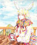  1girl cup day fence fur_collar gloves gradient_hair head_wings japanese_crested_ibis_(kemono_friends) kemono_friends long_hair long_sleeves multicolored_hair orange_eyes outdoors red_gloves row_(akatuki) shirt sitting solo table teacup white_shirt wings 
