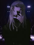  1girl blonde_hair blue_eyes ear_piercing highres holding holding_microphone jewelry john_kafka long_hair long_sleeves looking_at_viewer microphone necklace open_mouth original piercing 