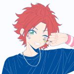  1boy bangs_pinned_back black_shirt ensemble_stars! fingernails green_eyes highres isara_mao jewelry llli_illli_illl looking_at_viewer male_focus necklace one_eye_closed redhead shirt short_hair simple_background smile solo sticker_on_face teeth white_background wristband 