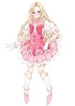  1girl blonde_hair cosplay cure_magical cure_magical_(cosplay) dress forehead frilled_dress frills full_body gloves grey_eyes highres hornet_(kancolle) kantai_collection koru_pera long_hair mahou_girls_precure! pink_dress precure simple_background solo standing white_background white_gloves 