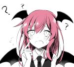  1girl ? bat_wings black_jacket black_necktie collared_shirt commentary demon_wings english_commentary flying_sweatdrops hair_between_eyes hair_over_eyes hand_up head_wings highres jacket koakuma long_hair looking_up monochrome necktie open_mouth redhead shirt simple_background solo touhou tsuukinkaisoku_oomiya white_background white_shirt wings 