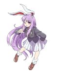  1girl ;o animal_ears black_jacket blazer brown_footwear commentary crescent crescent_pin index_finger_raised itani_illust jacket long_hair long_sleeves looking_at_viewer one_eye_closed pleated_skirt purple_hair rabbit_ears rabbit_girl red_eyes reisen_udongein_inaba simple_background skirt socks solo touhou very_long_hair white_background white_skirt white_socks 