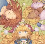  1girl 2boys blonde_hair blue_eyes brown_hair charlotte_(seiken_densetsu_3) closed_eyes commentary_request drooling duran_(seiken_densetsu_3) fangs flower fur_trim hashibi_rokou hat jester_cap kevin_(seiken_densetsu_3) long_hair lying mouth_drool multiple_boys on_back open_mouth red_headwear redhead seiken_densetsu seiken_densetsu_3 short_hair signature smile thick_eyebrows upper_body 