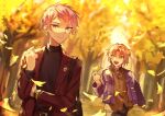  2boys belt black_shirt blurry blurry_background brooch closed_mouth commentary_request cowboy_shot ensemble_stars! green_eyes highres holding holding_leaf itsuki_shu jacket jewelry lapels leaf long_hair long_sleeves looking_at_viewer low_ponytail male_focus multiple_boys open_clothes open_jacket open_mouth orange_hair pink_hair shirt short_hair teeth tsukinaga_leo turtleneck upper_teeth_only violet_eyes watch watch wednesday_108 