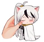  1boy ahoge animal_ears black_gloves blush cape cat_boy cat_ears cat_tail chibi closed_eyes closed_mouth gloves inudogsaikou kemonomimi_mode library_of_ruina mini_person miniboy multicolored_hair project_moon side_ponytail simple_background solo streaked_hair tail white_background white_cape white_hair yan_vismok 