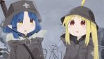  2girls ahoge asymmetrical_sidelocks blonde_hair blue_hair blush bocchi_the_rock! brodie_helmet brown_coat chito_(shoujo_shuumatsu_ryokou) chito_(shoujo_shuumatsu_ryokou)_(cosplay) coat cosplay cross detached_ahoge fur_trim gun gun_on_back hair_ornament hair_over_eyes hairclip helmet highres ijichi_nijika long_hair long_sleeves medium_hair military military_helmet military_uniform multiple_girls naaga_sonomono one_side_up open_mouth overcast parted_bangs pointy_ears red_eyes ruins shoujo_shuumatsu_ryokou side_ponytail sidelocks sky stahlhelm uniform upper_body weapon weapon_on_back yamada_ryou yellow_eyes yuuri_(shoujo_shuumatsu_ryokou) yuuri_(shoujo_shuumatsu_ryokou)_(cosplay) 