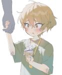  1boy 1other aged_down bandaid bandaid_on_arm blush devy_lobotomy green_shirt hair_between_eyes highres holding_ice_cream ice_cream_cone limbus_company melting parted_lips project_moon shirt short_sleeves sinclair_(limbus_company) sweat upper_body white_background 