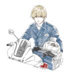  1boy absurdres artist_name blonde_hair blue_pants bright_pupils buttons closed_mouth commentary_request cool_doji_danshi cowboy_shot dated futami_shun gloves grey_gloves helmet highres holding holding_helmet lapels looking_at_viewer male_focus nata_kokone pants police_motorcycle shirt short_hair side_mirror simple_background sitting solo turtleneck white_background white_pupils white_shirt 