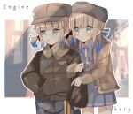  2girls alternate_costume arm_hug baker_nemo_(fate) belt beret blonde_hair blue_bow blue_dress blue_eyes blue_pants blush bomber_jacket bow brown_headwear brown_jacket cabbie_hat candy collar dress engineer_nemo_(fate) english_text fate/grand_order fate_(series) food freedumco hair_bow hand_in_pocket hat highres holding_another&#039;s_arm jacket lollipop multiple_girls nemo_(fate) pants short_hair suspenders_hanging very_long_sleeves white_collar 