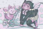  1girl black_jacket black_thighhighs bow breasts brown_skirt danganronpa_(series) danganronpa_2:_goodbye_despair ear_bow game_over hair_ornament handheld_game_console heart holding holding_staff jacket large_breasts layered_skirt long_sleeves looking_at_viewer medium_hair nanami_chiaki neck_ribbon open_clothes open_jacket pink_bow pink_eyes pink_footwear pink_ribbon pink_skirt pisapipi pleated_skirt ribbon shoes skirt staff thigh-highs two-tone_shirt usami_(danganronpa) wings 