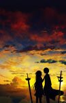  1boy 1girl absurdres asuna_(sao) clouds dress from_side hand_up highres jacket kirito long_hair looking_at_another planted planted_sword scenery short_hair skyrick9413 sunset sword sword_art_online weapon 
